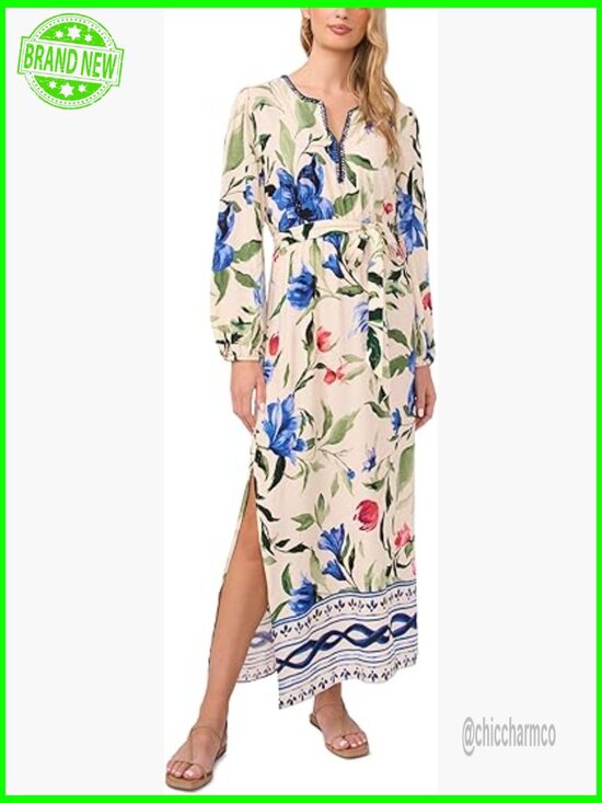 Dresses & Skirts - Long Sleeve Maxi Dress with V-Neck and Double Side Slits